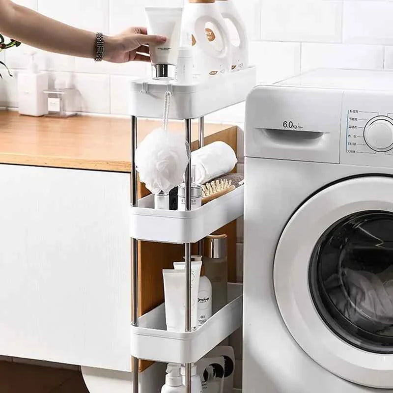 4 tier slide organizer shelf with toiletries next to a washing machine for efficient storage