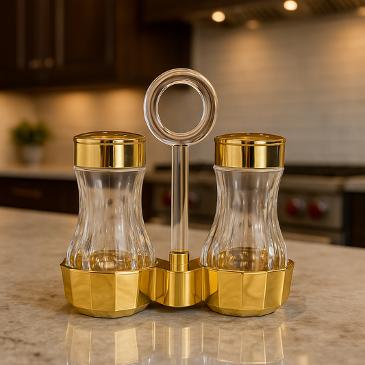 Golden Acrylic Salt & Pepper Dispenser Set – Stylish Seasoning Holder (2 Pcs)
