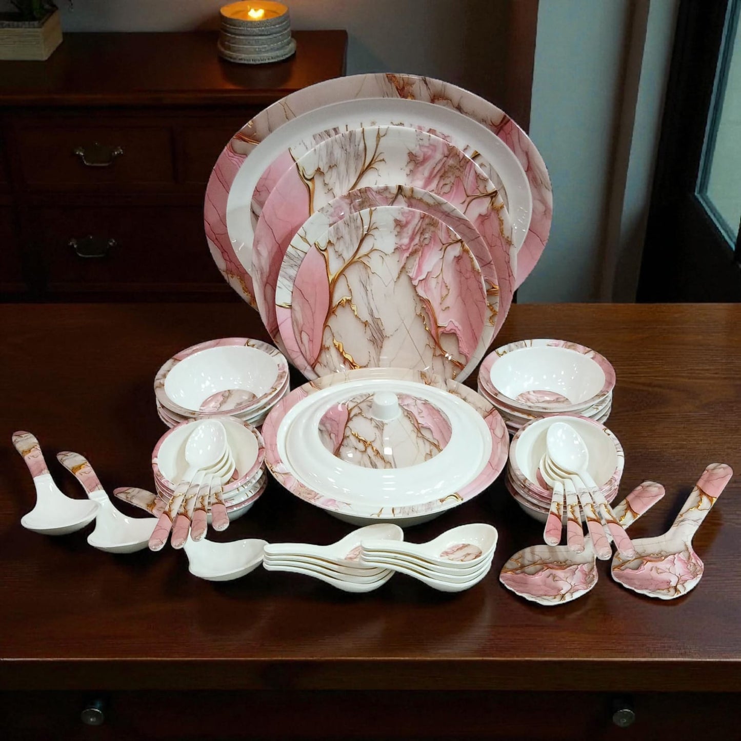 Elegant 68 PCS Dinner Set - Pink Marble & Golden Pattern