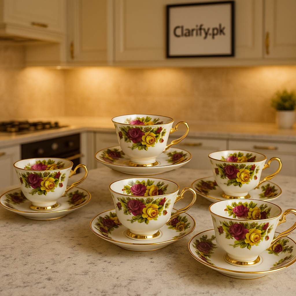Ceramic 6 Pcs Cup & Saucer Set – Luxury Floral Gold Handle Design