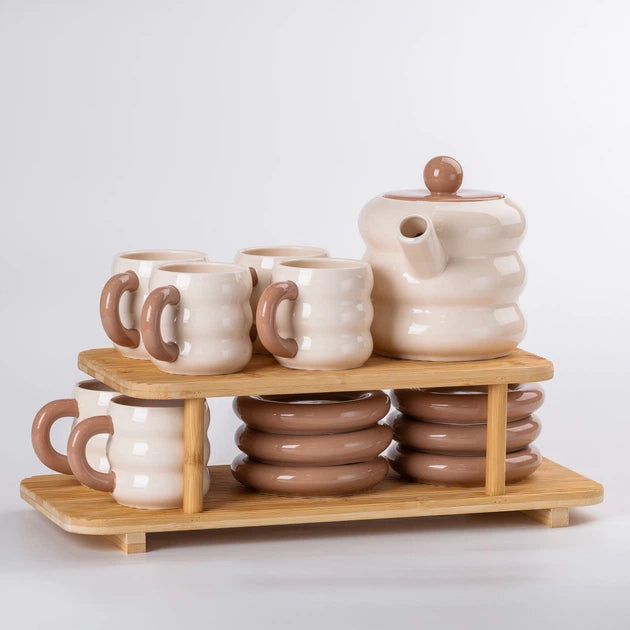 Чайний сервіз фігурний Donut бежево-коричневий керамічний з бамбуковою підставкою на 6 персон заварник чашки блюдця