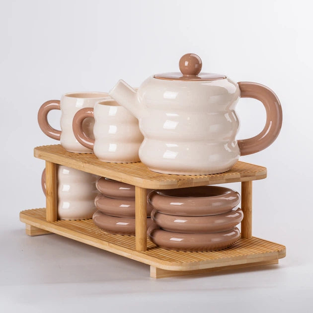 Чайний сервіз фігурний Donut бежево-коричневий керамічний з бамбуковою підставкою на 6 персон заварник чашки блюдця