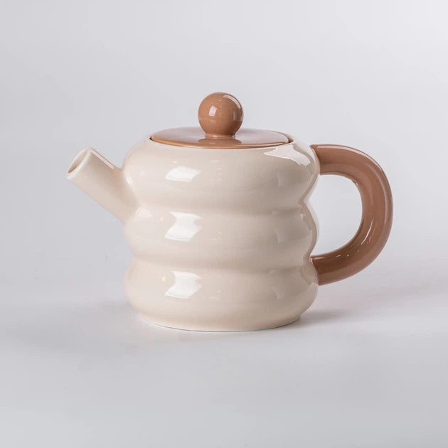 Чайний сервіз фігурний Donut бежево-коричневий керамічний з бамбуковою підставкою на 6 персон заварник чашки блюдця