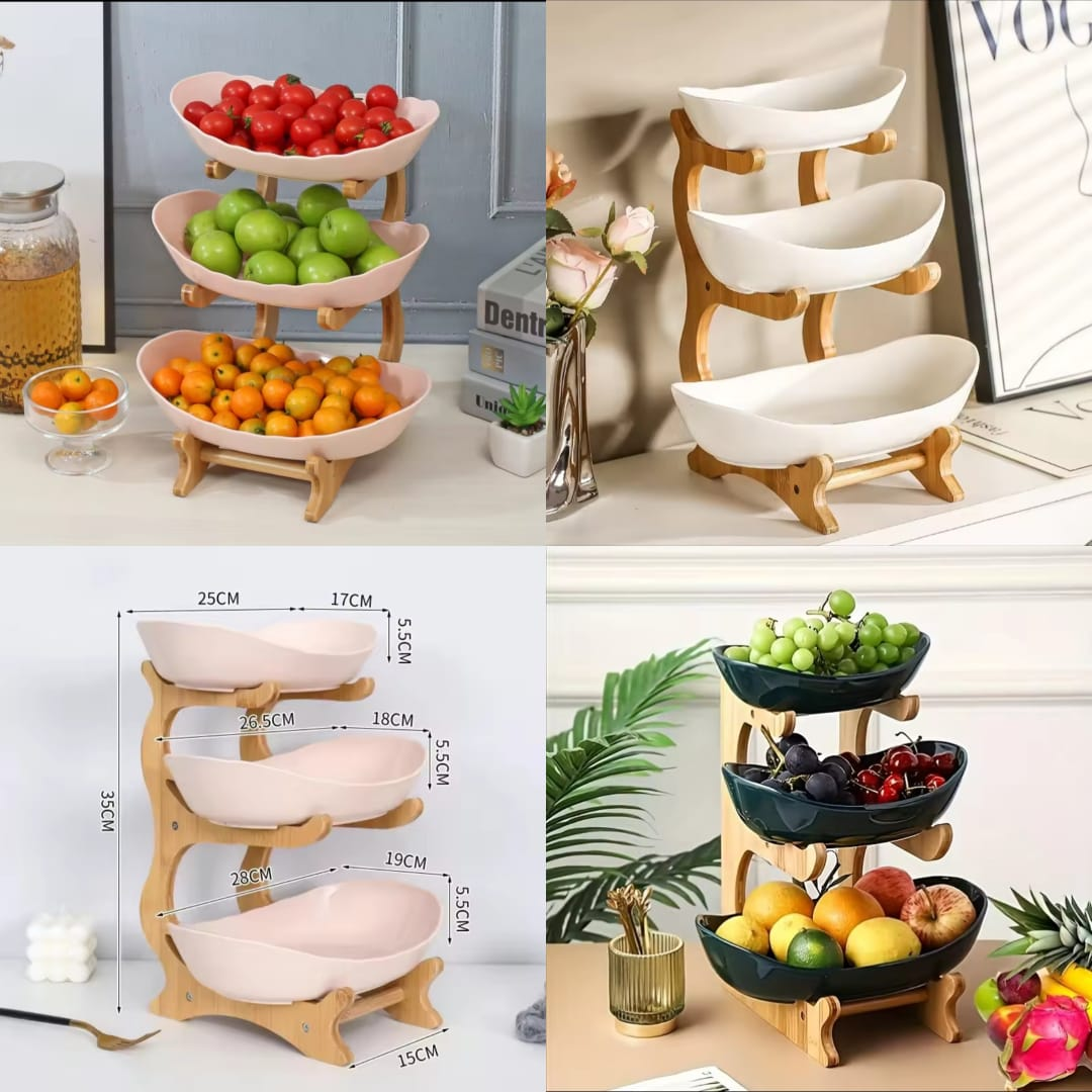 3-Layer Fruit & Snack Plate – Light Luxury Wooden Stand Dish (Random)