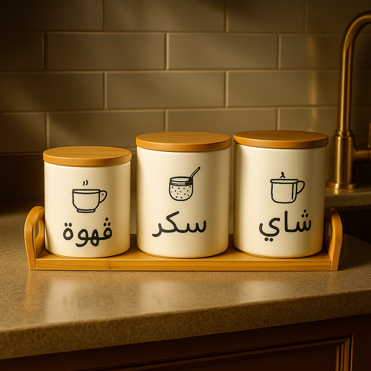 Arabic Labeled Tea, Sugar & Coffee Storage Jar Set