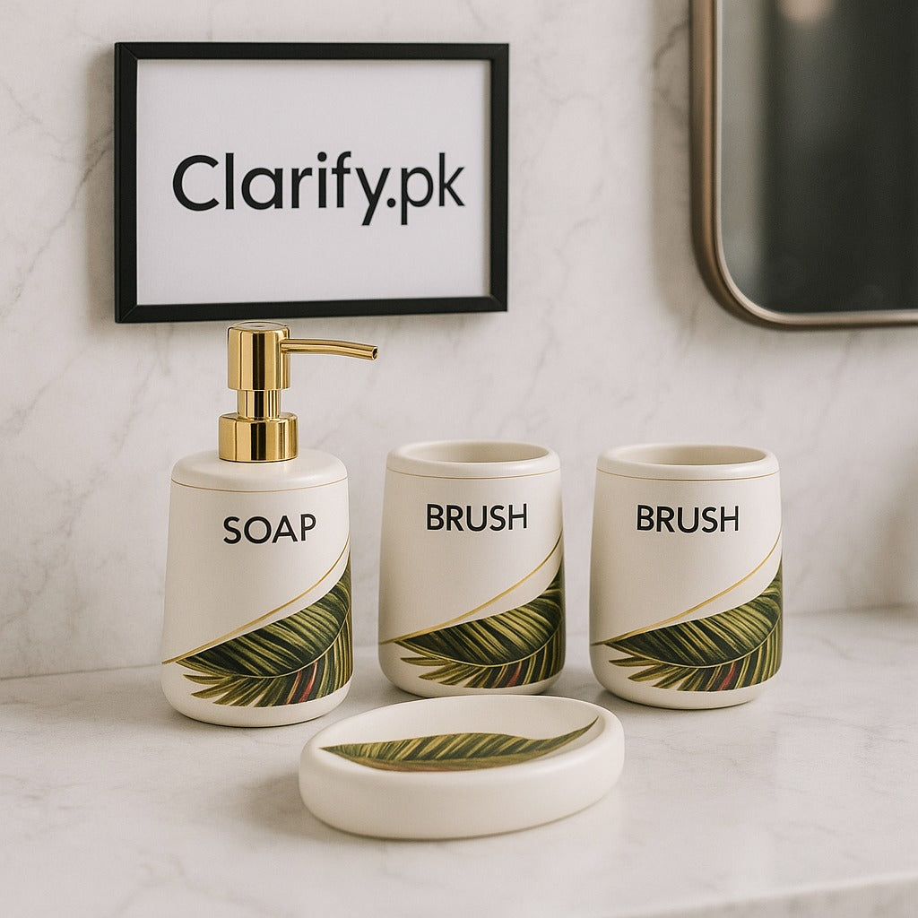 4-Piece Luxury Bathroom Set – Palm Leaf Design with Gold Detailing