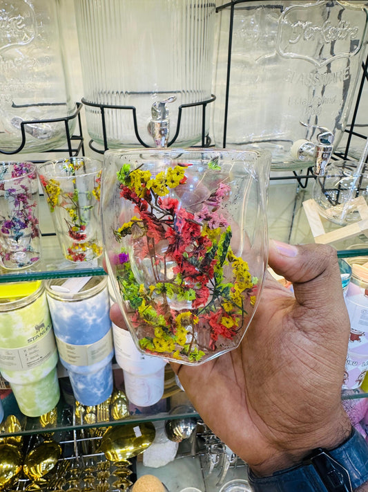 Luxury Dual-Color Floral Glass Cup – Double Wall Insulated Design