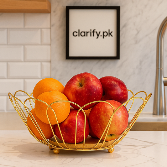 Luxury Golden Wire Fruit Basket with Wooden Base – Decorative Storage Bowl