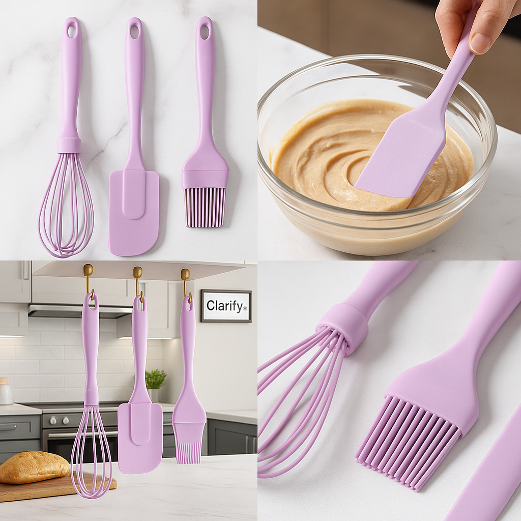 3 Pcs Silicone Kitchen Utensil Set – Whisk, Spatula & Brush