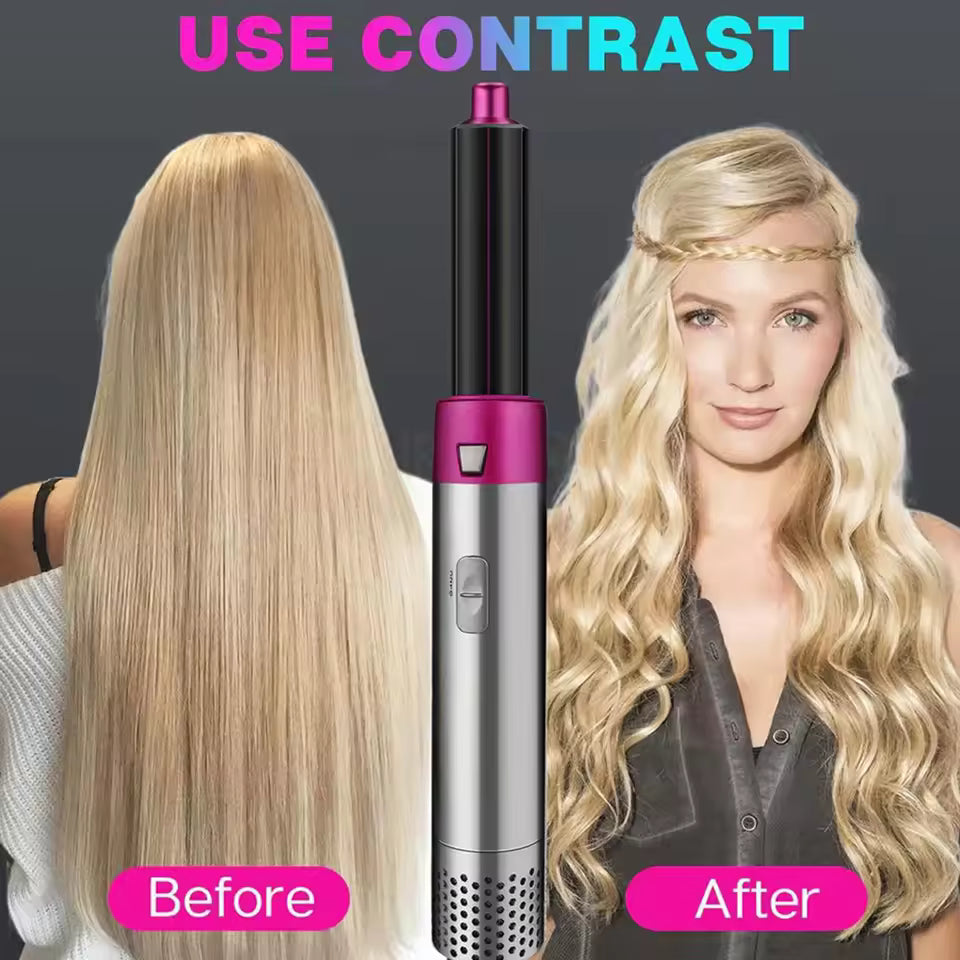 Clarify.pk 5 in 1 hot air brush for hairs showing before and after styling with smooth and wavy blonde hair