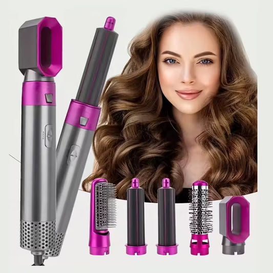 Clarify.pk 5 in 1 hot air brush for hairs with multiple attachments and a woman with styled curly hair