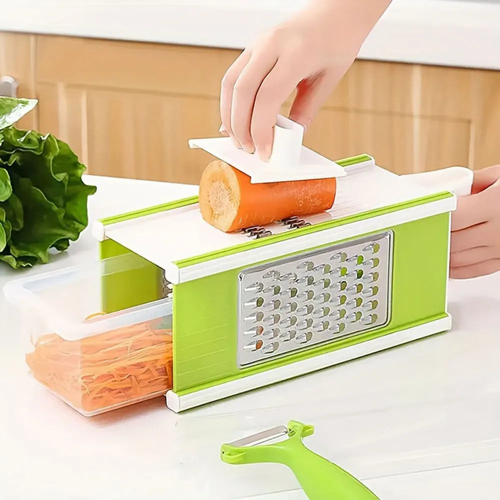Clarify pk 5-in-1 kitchen slicer for vegetables slicing carrot with container and green peeler nearby