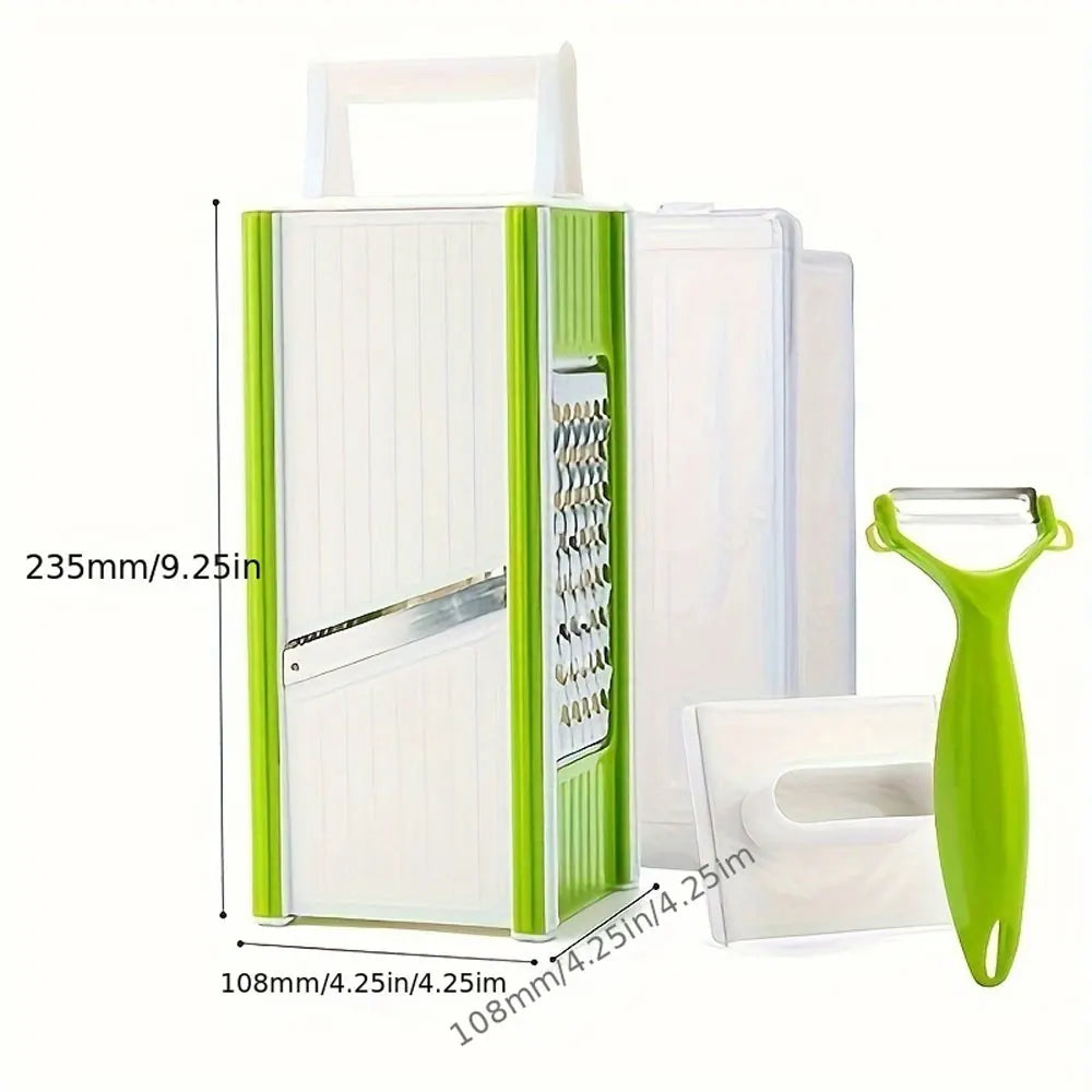 Clarify.pk 5-in-1 kitchen slicer for vegetables with green frame, peeler, and measurement details
