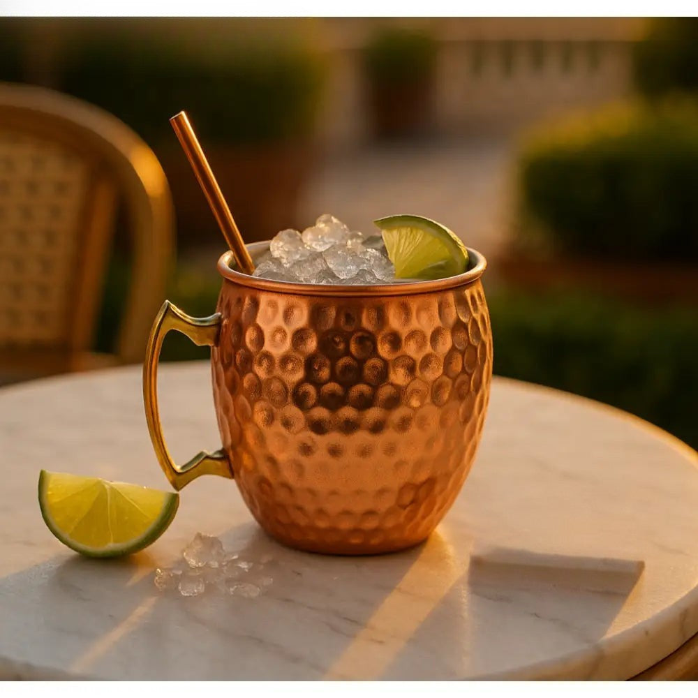 Clarify.pk 500ml copper cocktail mug with hammered texture filled with ice and lime wedge on a marble table