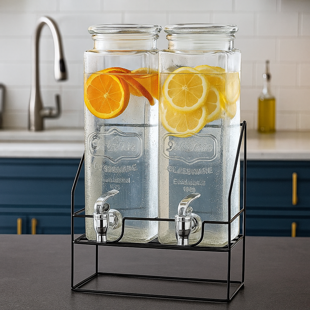 Elegant Glass Drink Dispenser Set – Twin Jars with Sturdy Metal Stand