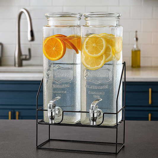 Elegant Glass Drink Dispenser Set – Twin Jars with Sturdy Metal Stand