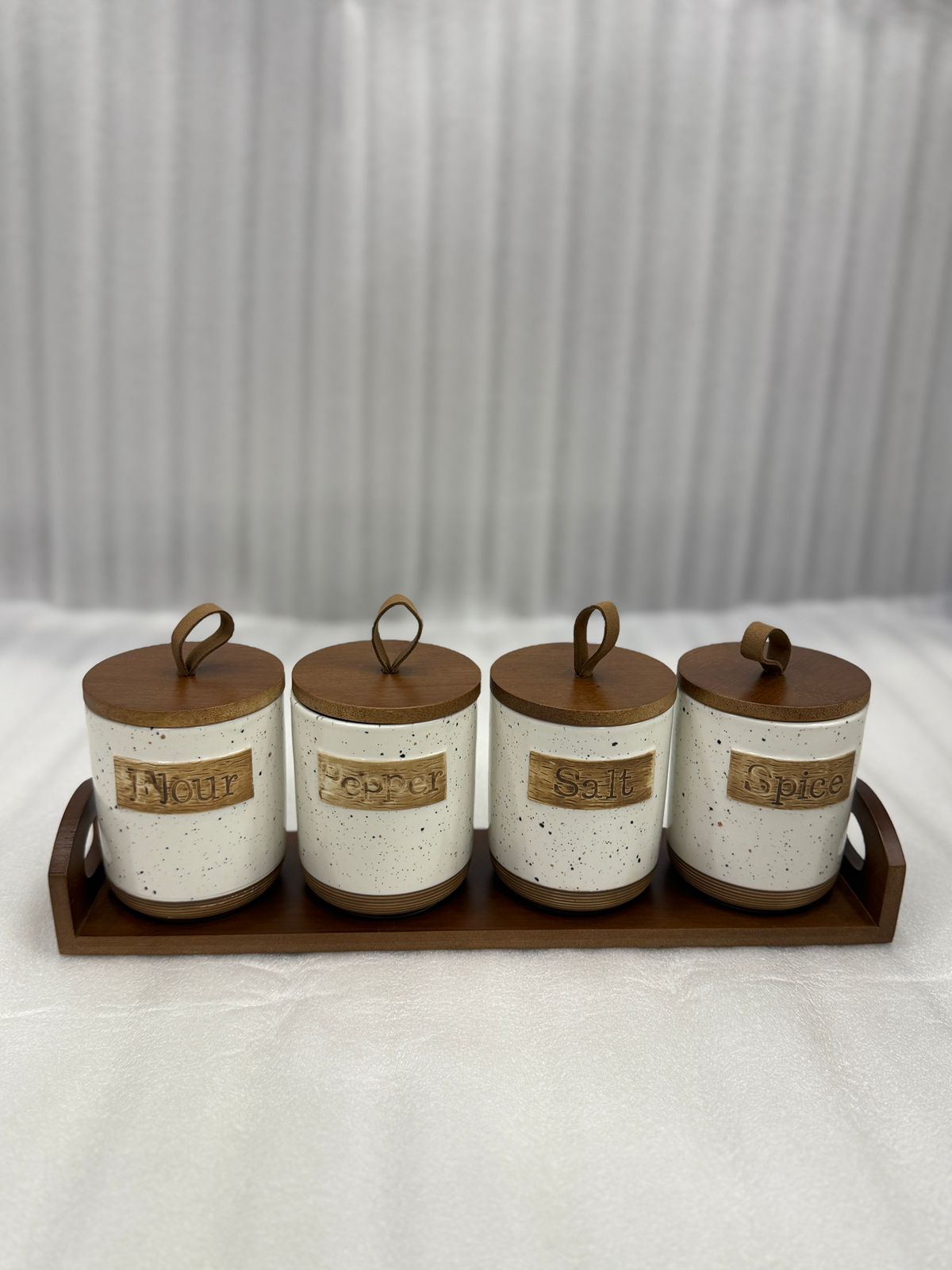 Rustic 4 Pcs Ceramic Jar Set with Wooden Tray
