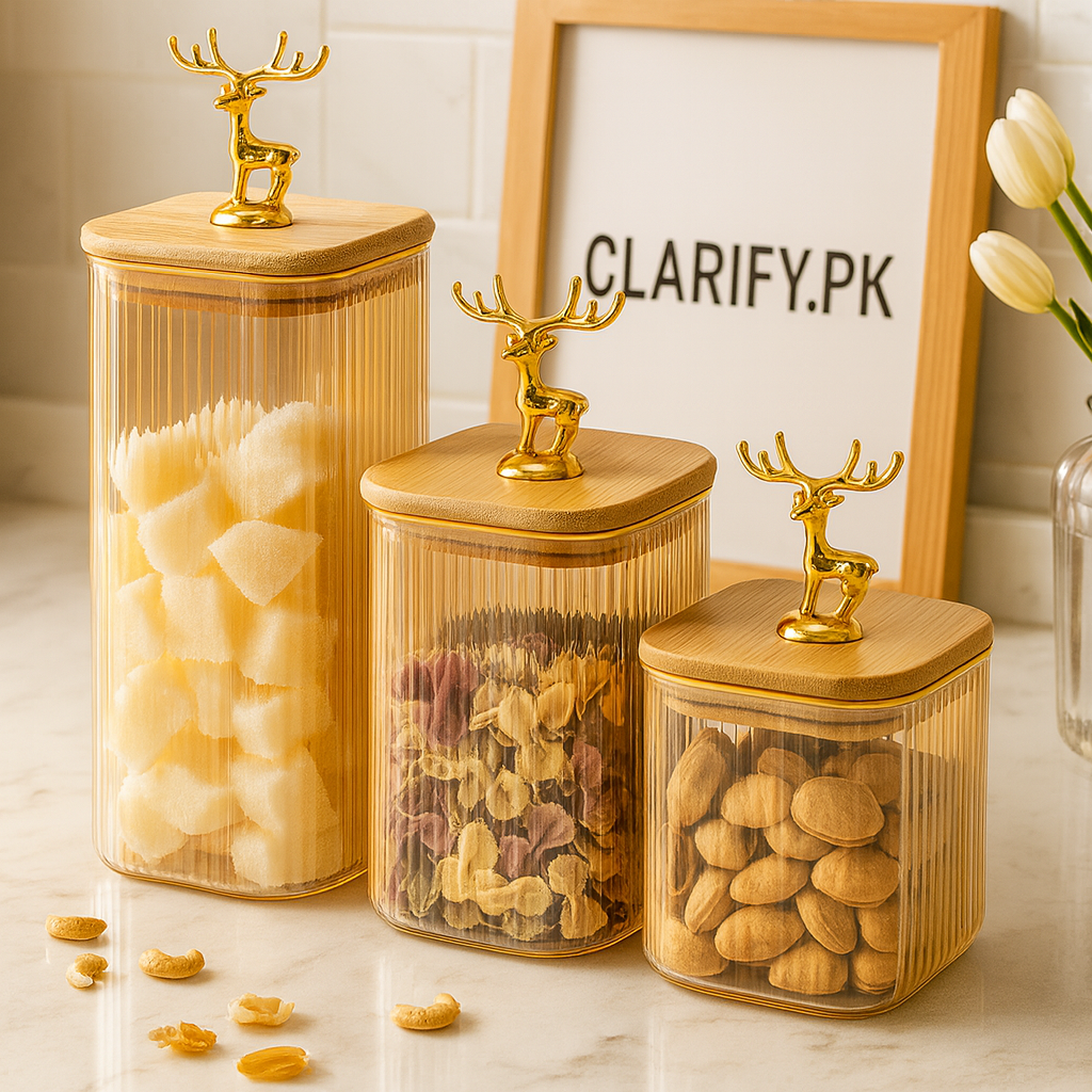 3-Piece Glass Jar Set with Wooden Stand – Elegant Kitchen Storage