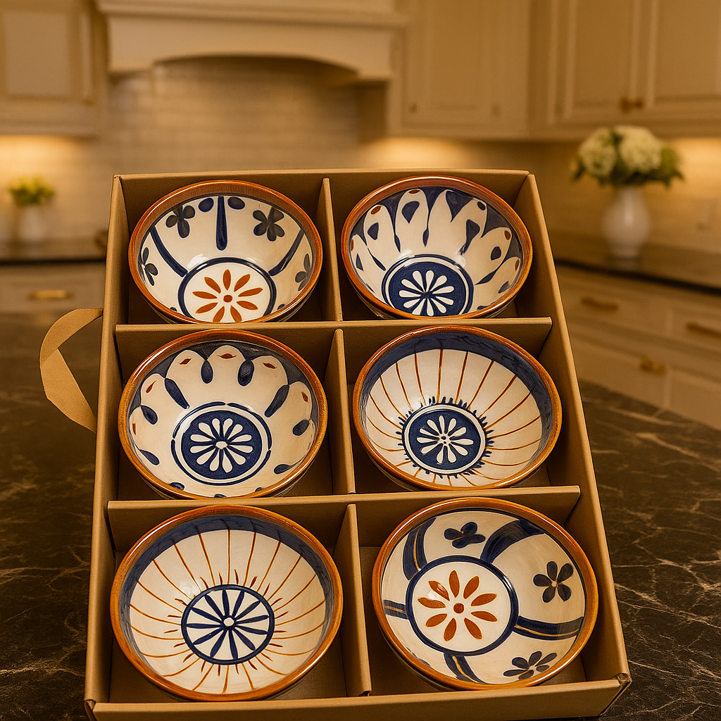 Premium 6 Pcs Ceramic Bowl Set – Blue & Terracotta Art Design