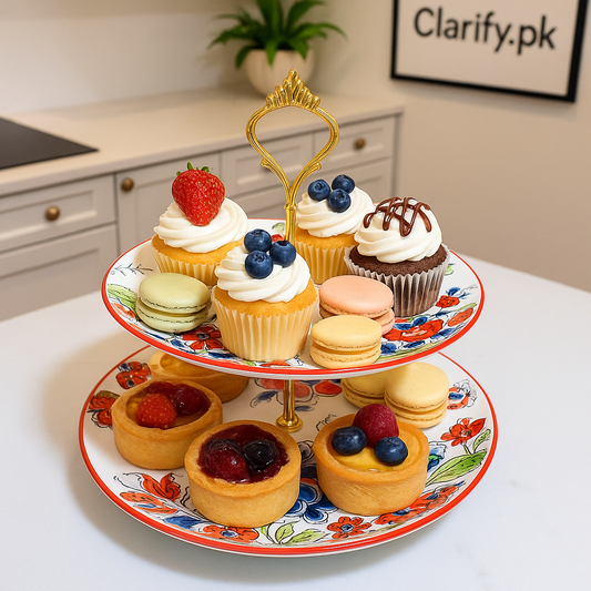 Luxury 2-Tier Ceramic Stand – Red & Blue Floral Design