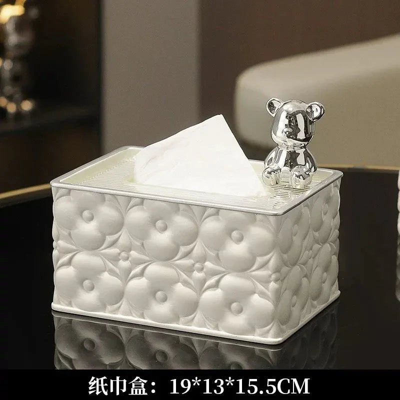 Luxury Embossed Tissue Box with Decorative Bear Figurine - Clarify.pk