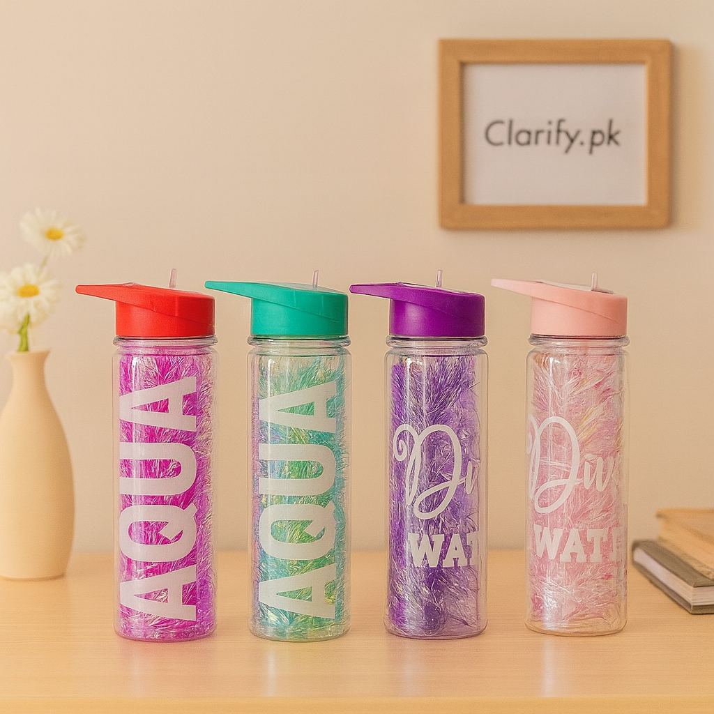 Colorful 550ml water bottle for kids in red, green, purple, and pink with flip-top lids by Clarify.pk