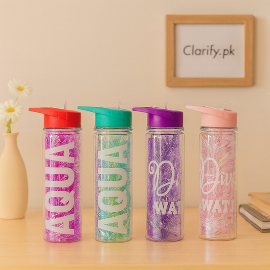 Colorful 550ml water bottle for kids in red, green, purple, and pink with flip-top lids by Clarify.pk