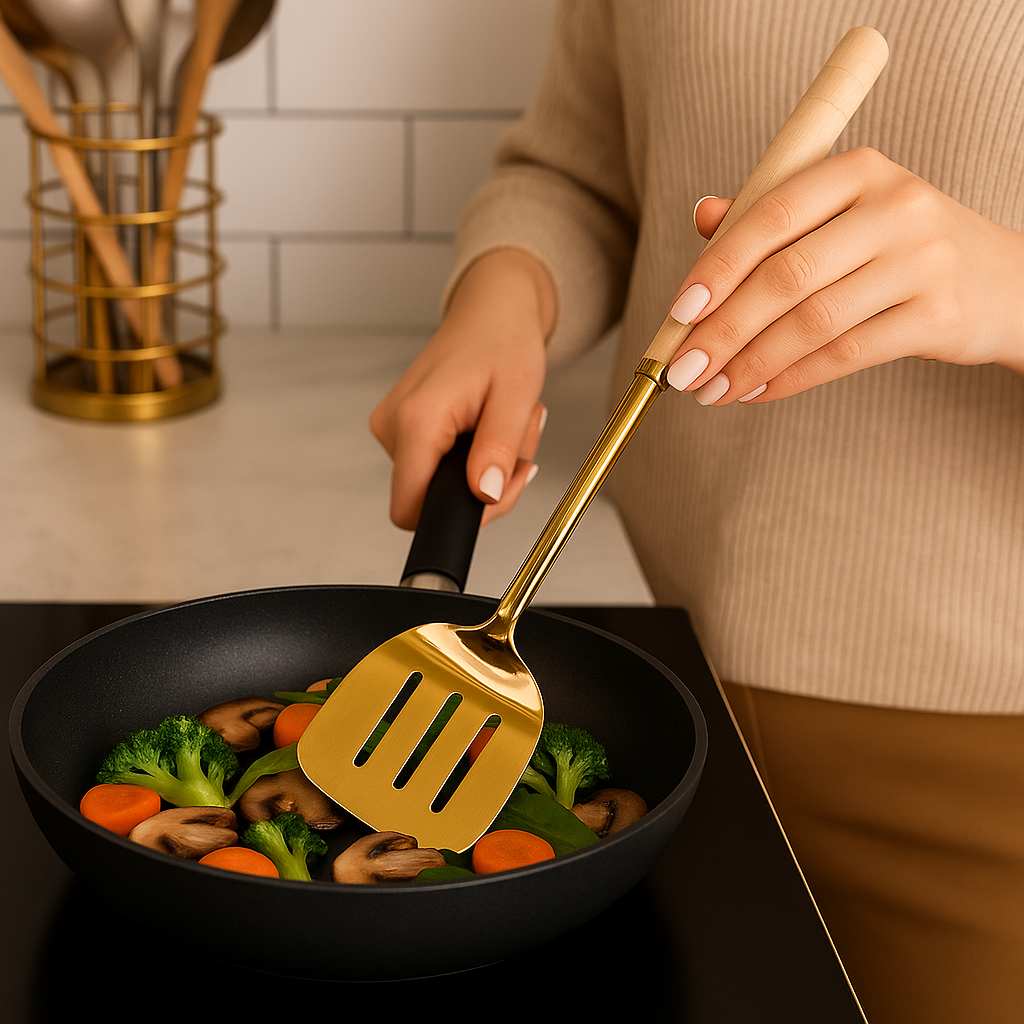 Stainless Steel Golden Turner Spatula with Wooden Handle – Premium Kitchen Tool