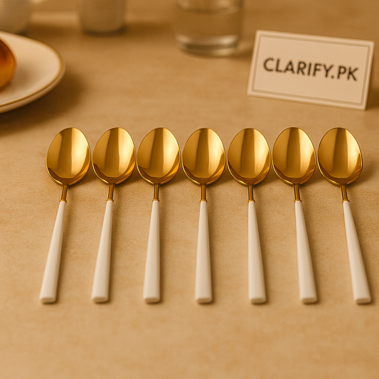 6-Piece Gold Dessert Spoon Collection – White Handle Elegant Cutlery