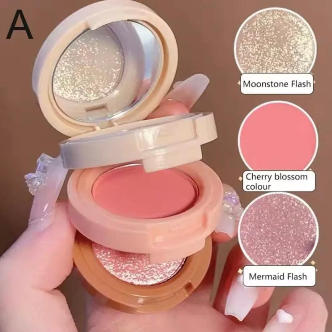 3-in-1 Blush Highlighter Set - Cutest Hudamoji Mini Blush & Highlighter with Pearly Finish - Clarify.pk