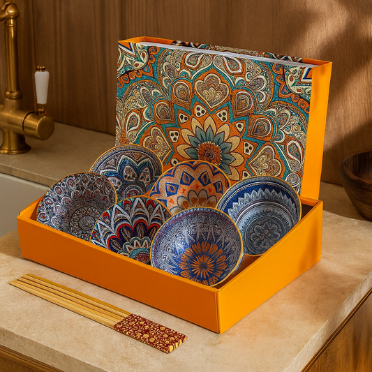 Japanese Ceramic Bowl Set of 6 with Chopsticks – Mandala Print