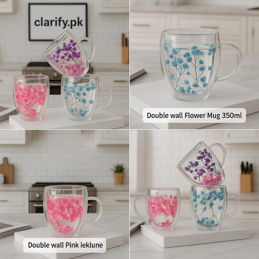Double Wall Flower Mug 350ml – Insulated Glass Coffee Cup (Random)