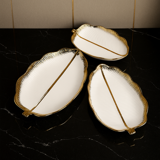Porcelain Leaf Serving Platters - 3 Pcs Decorative Tray Set