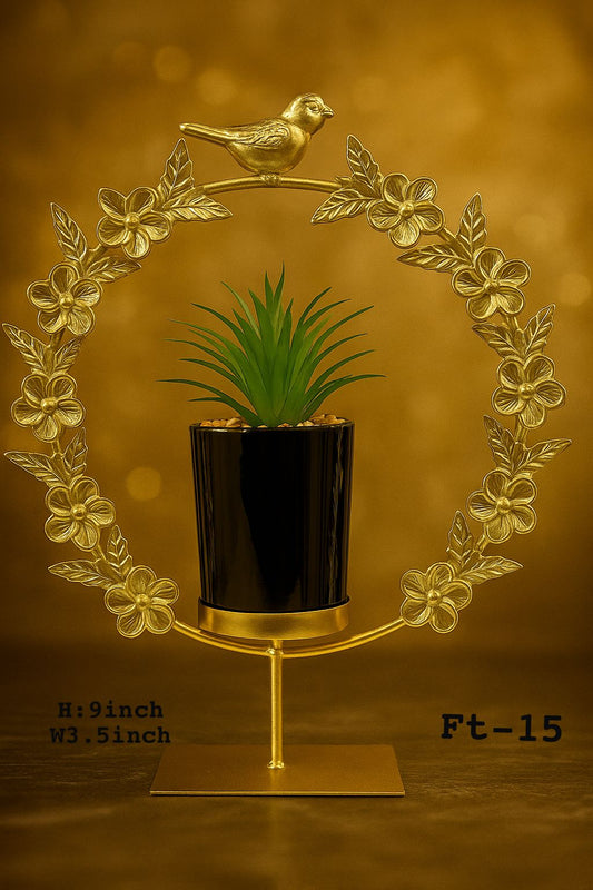 Golden Bird Floral Circle Metal Plant Pot - Luxury Home Décor