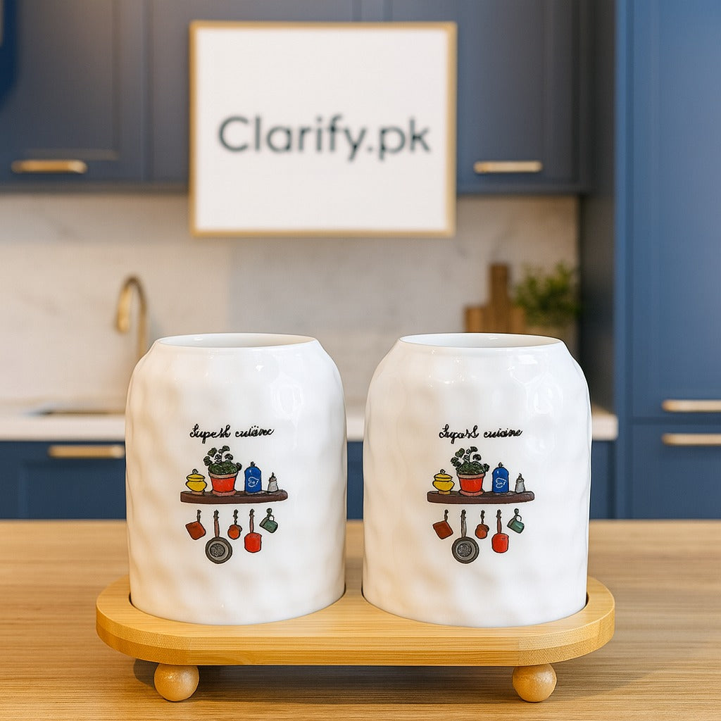 Premium 2 Pcs Ceramic Jar Set with Wooden Tray