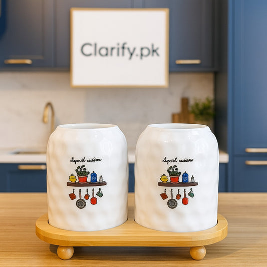 Premium 2 Pcs Ceramic Jar Set with Wooden Tray