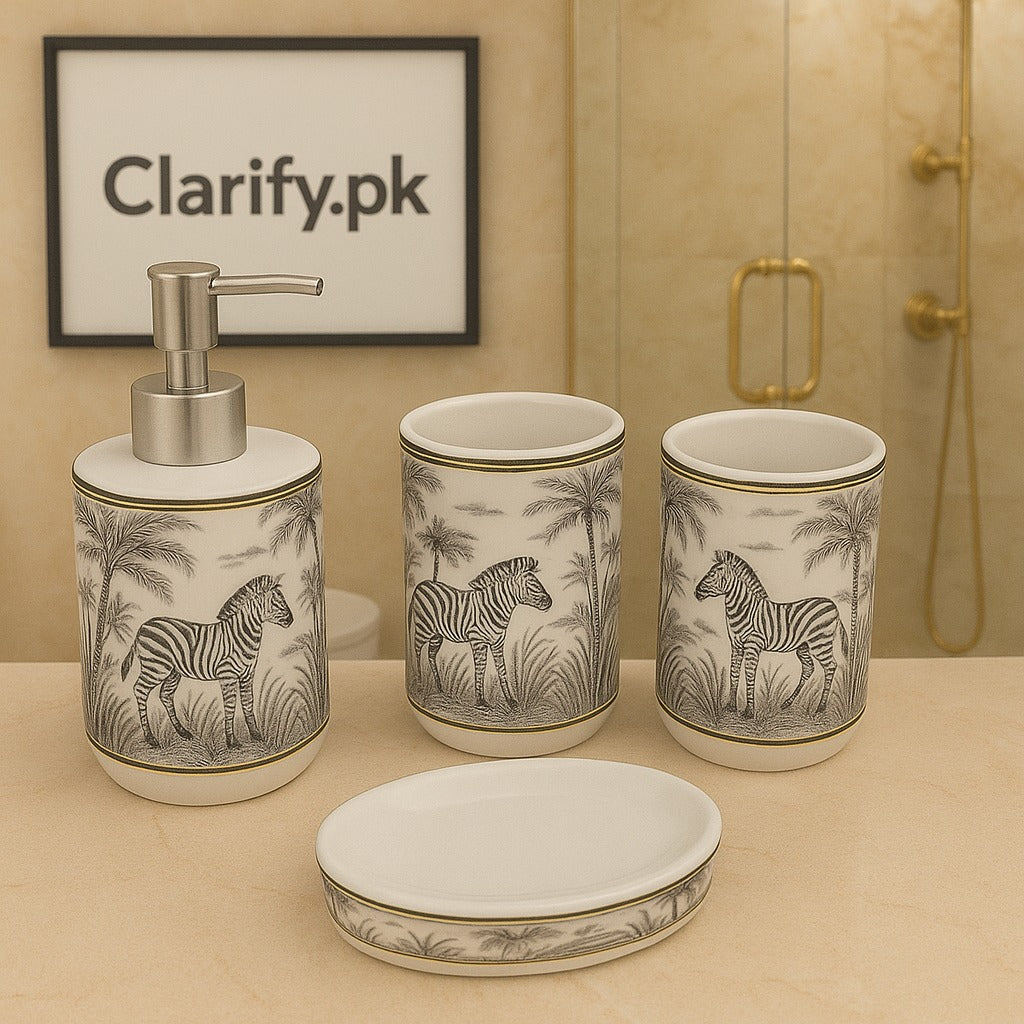 4-Piece Luxury Bathroom Set – Printed Ceramic Design (Random Print)