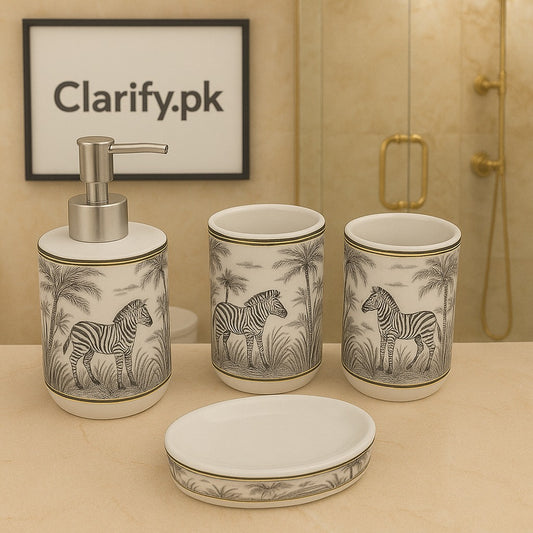 4-Piece Luxury Bathroom Set – Printed Ceramic Design (Random Print)