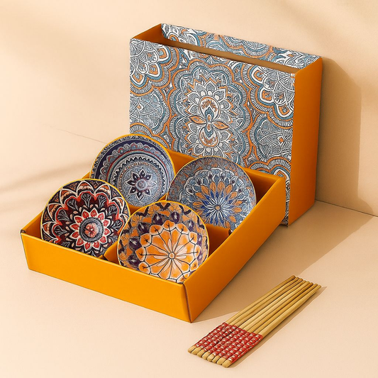Japanese Ceramic Bowl Set of 4 with Chopsticks – Mandala Print
