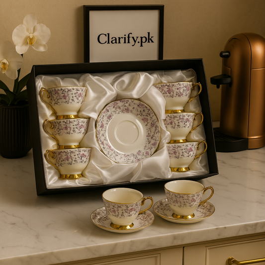 Ceramic 6 Pcs Cup & Saucer Set – Elegant Pink Floral Gold Handle Design