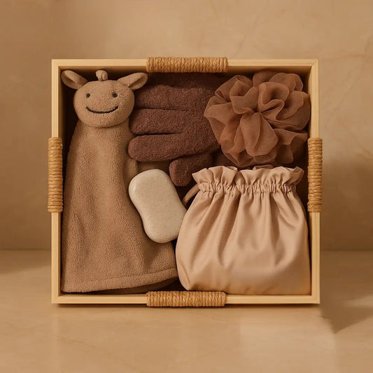Clarify.pk 6-in-1 bath gift set online with bath gloves, loofah, soap, pouch, and cute animal washcloth