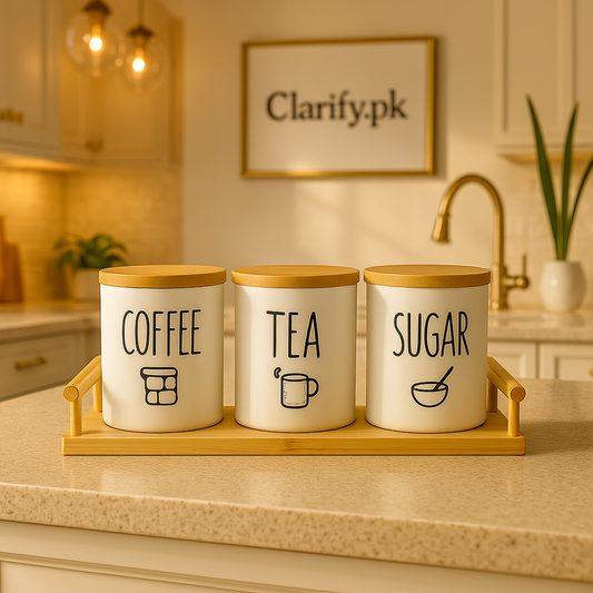 Minimal Ceramic Coffee Tea Sugar Storage Set with Bamboo Base