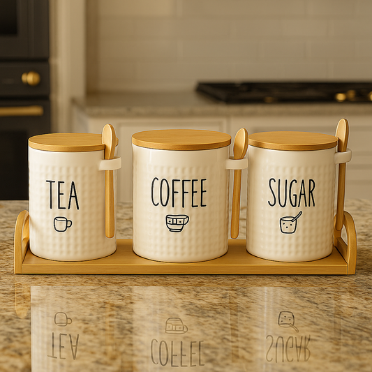 Minimal Ceramic Tea Coffee Sugar Jars Set with Stand