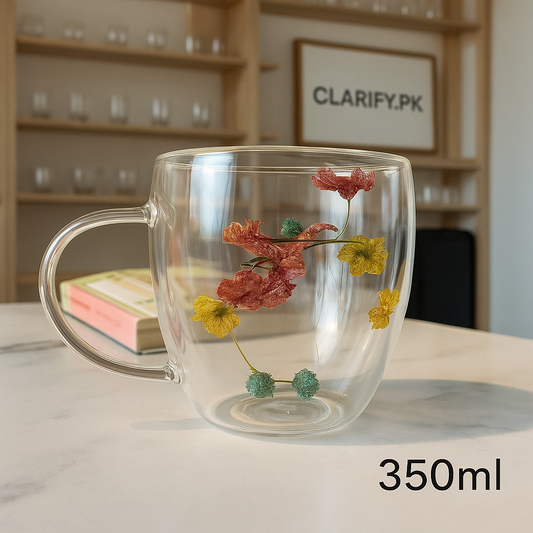 Double Wall Glass Mug with Floral Design – 350ml