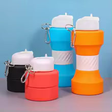 650ml silicone sports water bottle in blue, orange, red, and black with white caps and carabiner clips