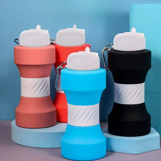 Clarify.pk 650ml silicone sports water bottle in blue black red and coral colors with white caps
