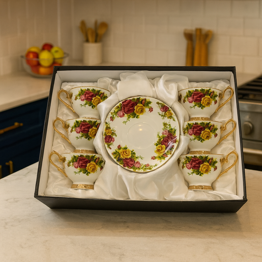 Ceramic 6 Pcs Cup & Saucer Set – Luxury Floral Gold Handle Design