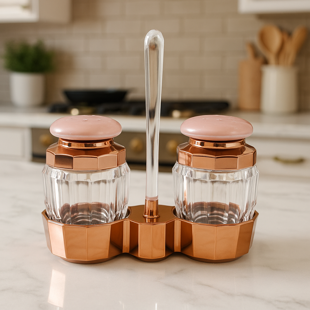 Modern 2-Piece Acrylic Seasoning Set – Rose Gold Finish with Stand