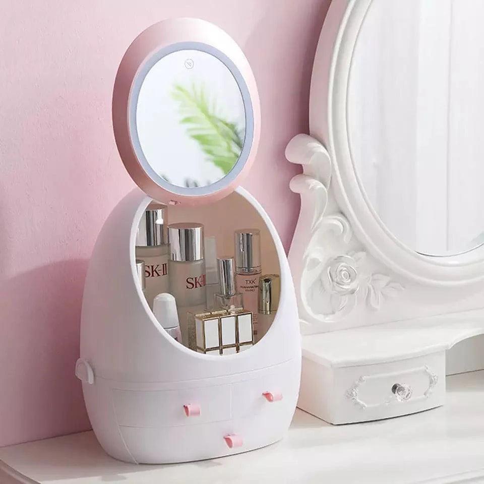 Oval Mirror Cosmetic Organizer with LED Lighted Storage and Makeup Mirror