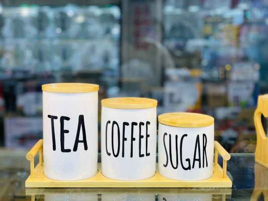 3 Pcs Ceramic Jar Set – Tea, Coffee & Sugar Storage Jars with Bamboo Lids & Wooden Tray
